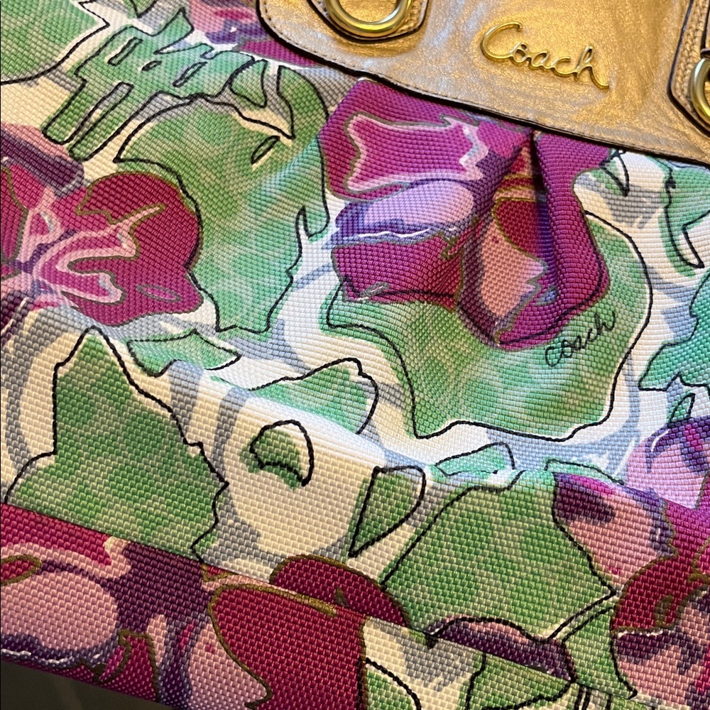 Coach Floral Tote in Green, Pink & Gold Accents - Picture 4 of 12